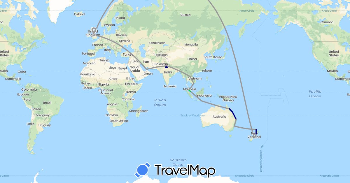 TravelMap itinerary: driving, bus, plane in United Arab Emirates, Australia, United Kingdom, Indonesia, India, Laos, Malaysia, New Zealand, Singapore, Vietnam (Asia, Europe, Oceania)